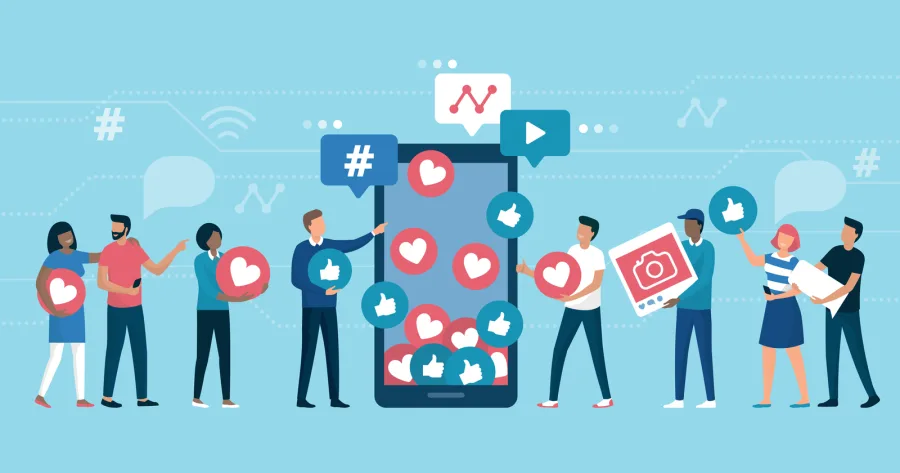 Κινητό τηλέφωνο που διαχέει καρδούλες και likes, ως αναπαράσταση viral περιεχομένου