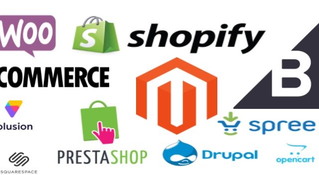 λογότυπα διάφορων συστημάτων ecommerce, shopify,woo,drupal κτλ