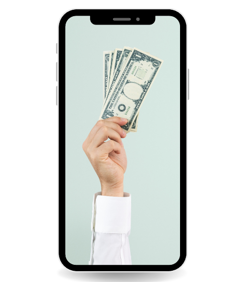 Κινητό που δείχνει ένα χέρι να κρατάει χρήματα